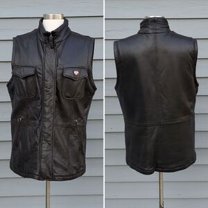 Vintage 90s y2k Black Lambskin Leather Cotton Insulated Zip Biker Moto Vest 8